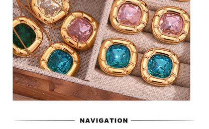 MamacitaSlay 18K Gold Plated Stainless Steel Rounded Square Zircon Necklace Earring Ring Women's Fashionable Waterproof Jewelry