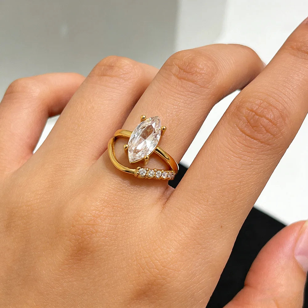 Mamacitaslay 316L Stainless Steel Pear Cut Zircon Geometric Ring 18K Gold Plated Waterproof Jewelry For Women Banquet Party Wear