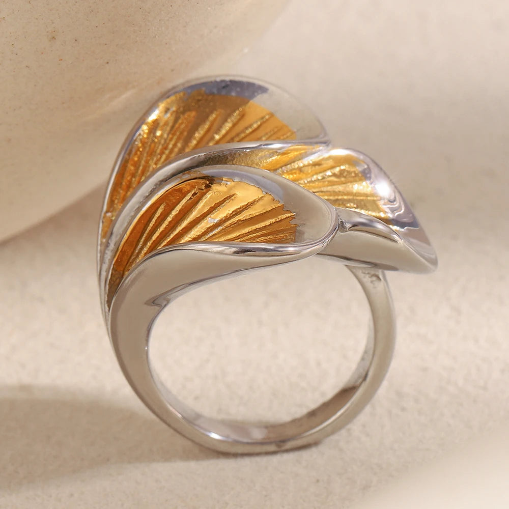 MamacitaSlay 316L Stainless Steel Two Tone Petal Ring Party Waterproof Jewelry Women's Elegant 18K Gold Plated Ring Gift 2025