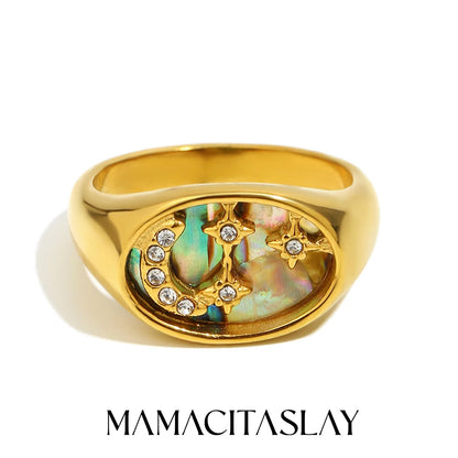 MamacitaSlay 316L Stainless Steel Abalone Shell Star Moon Colorful Ring 18K Gold Plated Waterproof Jewelry Women's Cool Ring