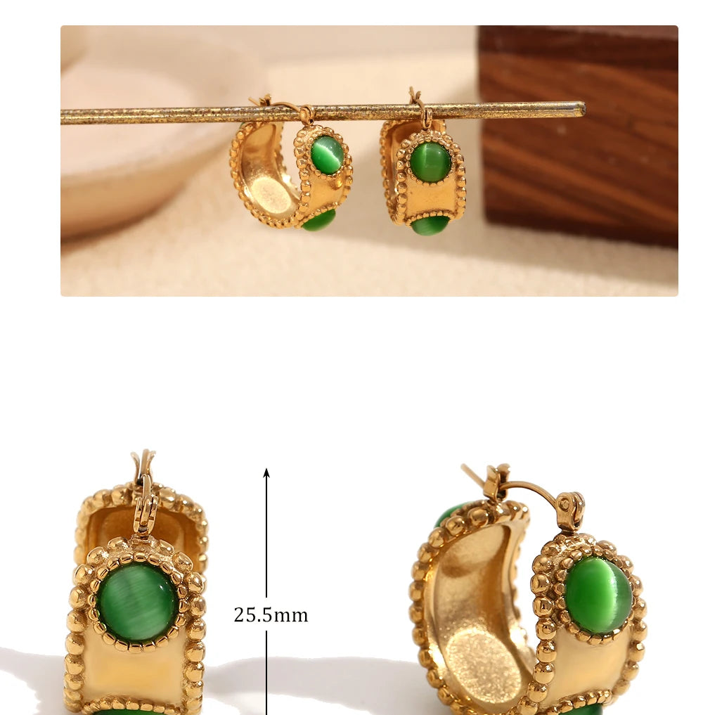 MamacitaSlay 316L Stainless Steel Retro Agate Beaded Edge Hoop Earrings 18K Gold Plated Waterproof Jewelry For Women Daily Wear