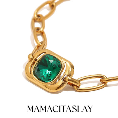 MamacitaSlay 316L Stainless Steel Green Zircon Pendant Necklace 18K Gold Plated Waterproof Vintage Luxury Jewelry Gift For Women