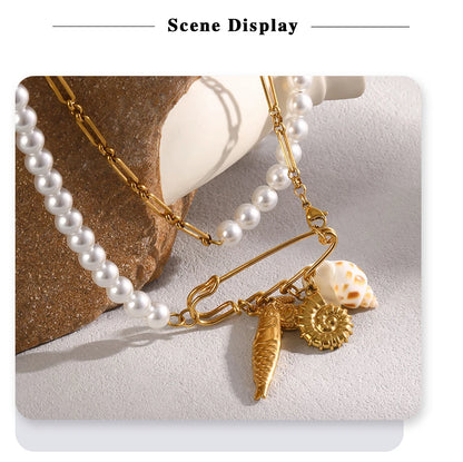 MamacitaSlay 316L Stainless Steel Pearl Paperclip Conch Shell Necklace 18K Gold Plated Waterproof Vacation Jewelry For Women