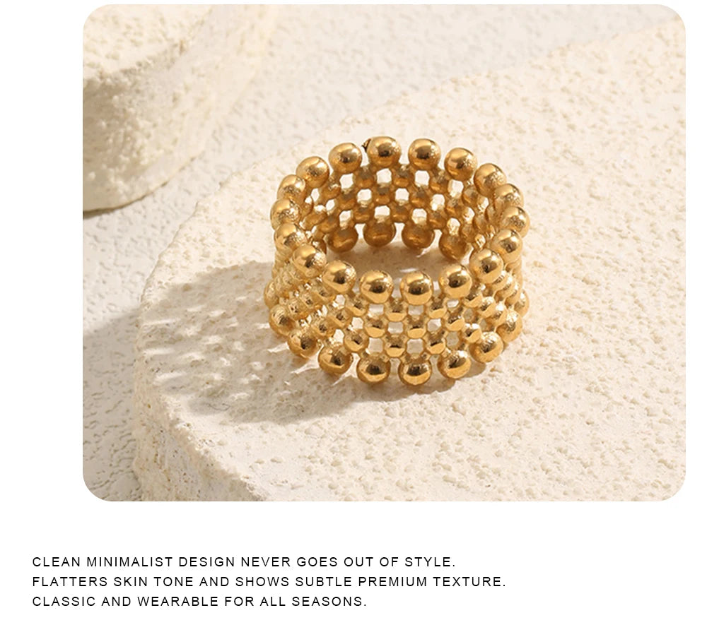 MamacitaPlay 316L Stainless Steel Mesh Hollow Out Ball Ring 18K Gold Plated Waterproof Jewelry For Women Trend Everyday Wear