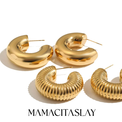 MamacitaSlay 316L Stainless Steel Smooth Ribbed C Shaped Earrings 18K Gold Plated Waterproof Jewelry For Women Everyday Wear