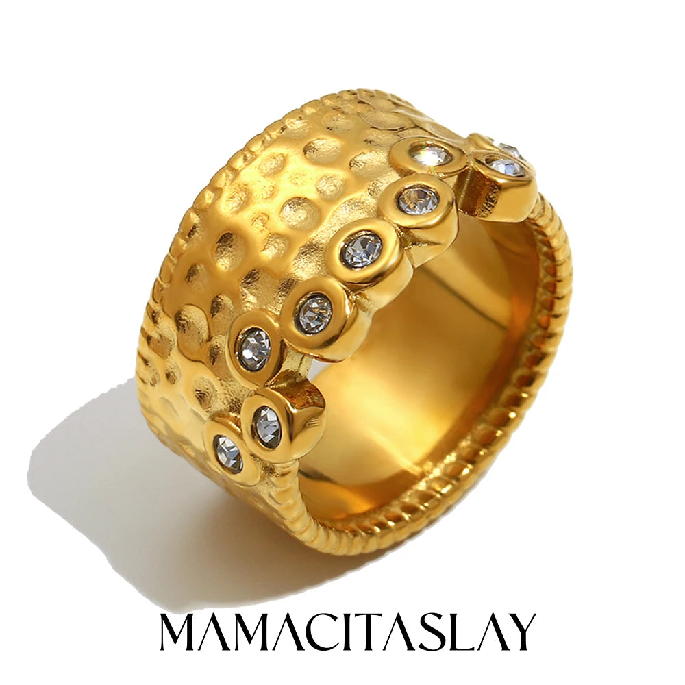 MamacitaSlay 316L Stainless Steel Multi Colored Zircon Hammer Patterned Wide Ring Party Waterproof Jewelry Women's Charm Ring