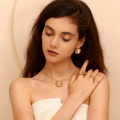 MamacitaSlay 18K Gold Plated Stainless Steel Rounded Square Zircon Necklace Earring Ring Women's Fashionable Waterproof Jewelry