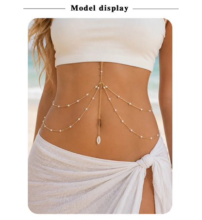 MamacitaSlay 316L Stainless Steel Multilayer Chain Pearl Body Chain 18K Gold Plated Waterproof Jewelry For Bikini Accessories