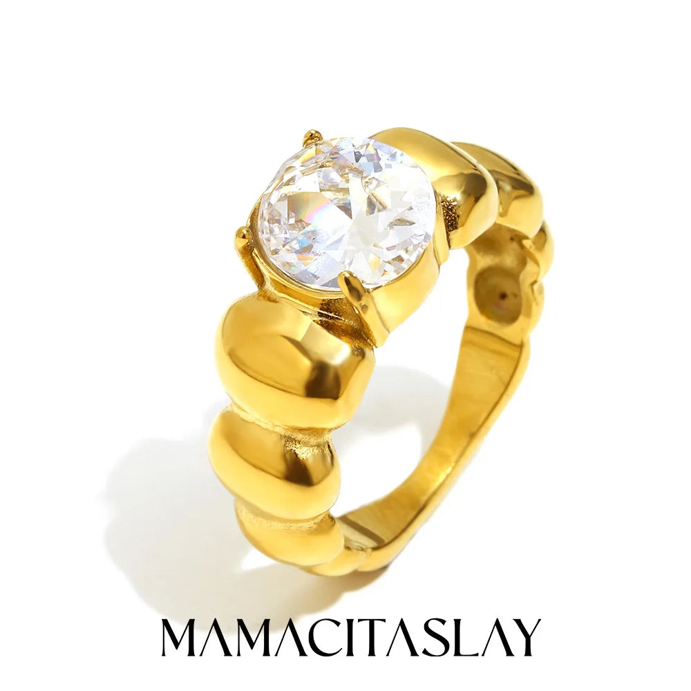 MamacitaSlay Classic 316L Stainless Steel Oval Multicolor Zircon Ring 18K Gold Plated Waterproof Jewelry For Women Everyday Wear
