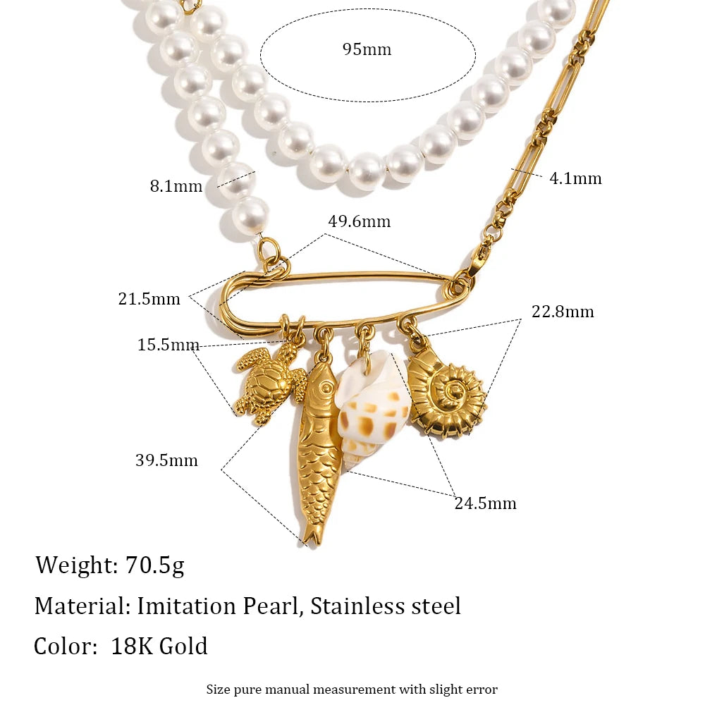 MamacitaSlay 316L Stainless Steel Pearl Paperclip Conch Shell Necklace 18K Gold Plated Waterproof Vacation Jewelry For Women