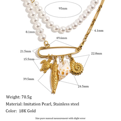 MamacitaSlay 316L Stainless Steel Pearl Paperclip Conch Shell Necklace 18K Gold Plated Waterproof Vacation Jewelry For Women