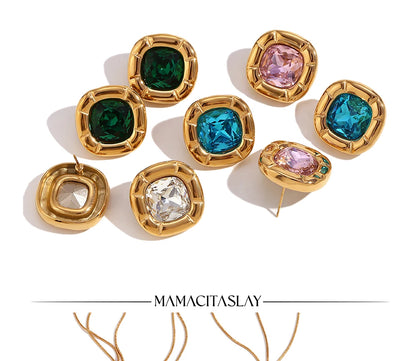 MamacitaSlay 18K Gold Plated Stainless Steel Rounded Square Zircon Necklace Earring Ring Women's Fashionable Waterproof Jewelry