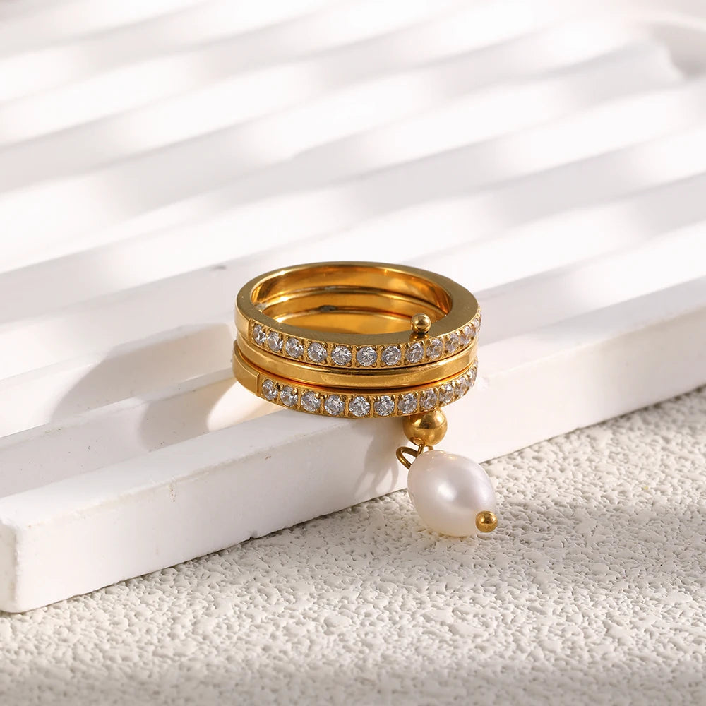 MamacitaSlay 316L Stainless Steel Baroque Pearl Zircon Ring 18K Gold Plated Waterproof Casual Statement Jewelry For Women Gift