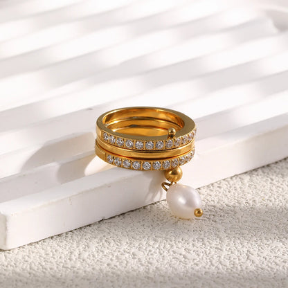 MamacitaSlay 316L Stainless Steel Baroque Pearl Zircon Ring 18K Gold Plated Waterproof Casual Statement Jewelry For Women Gift