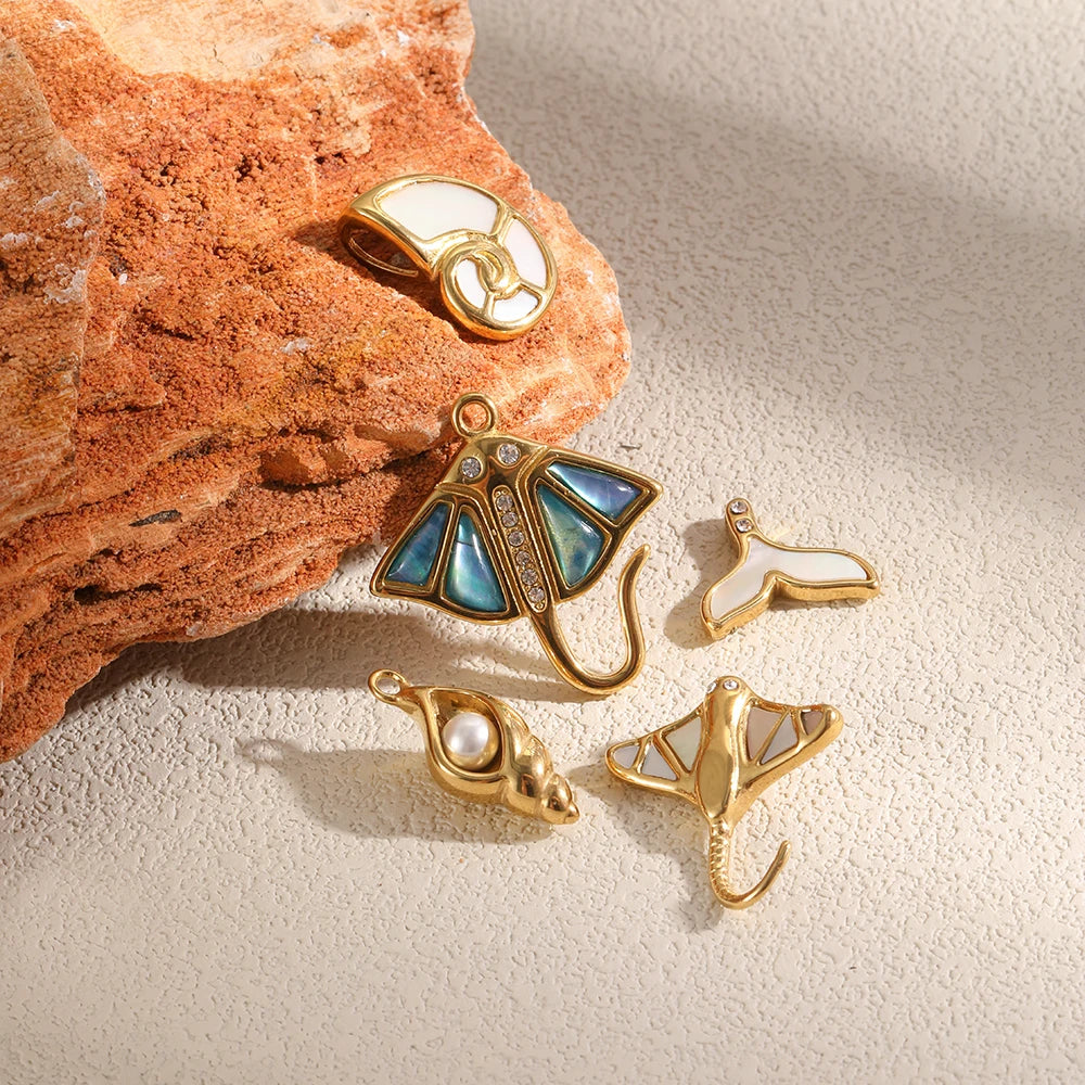 MamacitaSlay 316L Stainless Steel Ocean Theme Zircon Shell Charms 18K Gold Plated Waterproof Making DIY Jewelry For Women Gift