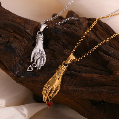 MamacitaSlay 316L Stainless Steel Red Heart Hand Pendant Necklace 18K Gold Plated Waterproof Jewelry For Women Vintage Style