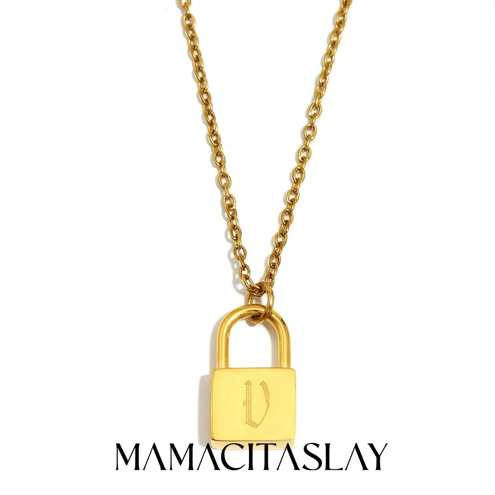 MamacitaSlay 316L Stainless Steel Ancient Letters Engaged Lock Pendant Necklace 18K Gold Plated Waterproof Neck Jewelry Gift