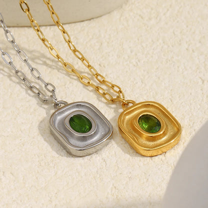 MamacitaSlay Retro Irregular Pendant Round Green Zircon Paper Clip Chain Women's Necklace Trendy Women's Stainless Steel Jewelry