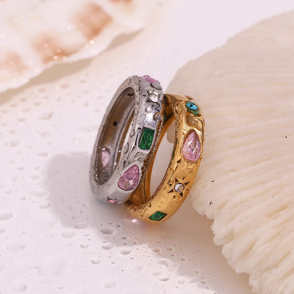 MamacitaSlay 316L Stainless Steel Multicolor Zircon Ring Waterproof 18K Gold Plated Jewelry For Women's Classic Ring Gift 2026