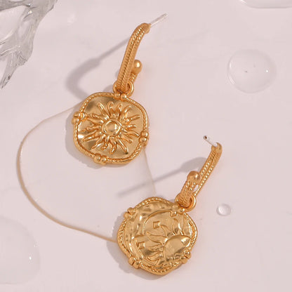 MamacitaSlay 316L Stainless Steel Vintage Sun Medallion Earrings 18K Gold Plated Waterproof Jewelry For Women Trendy Earrings