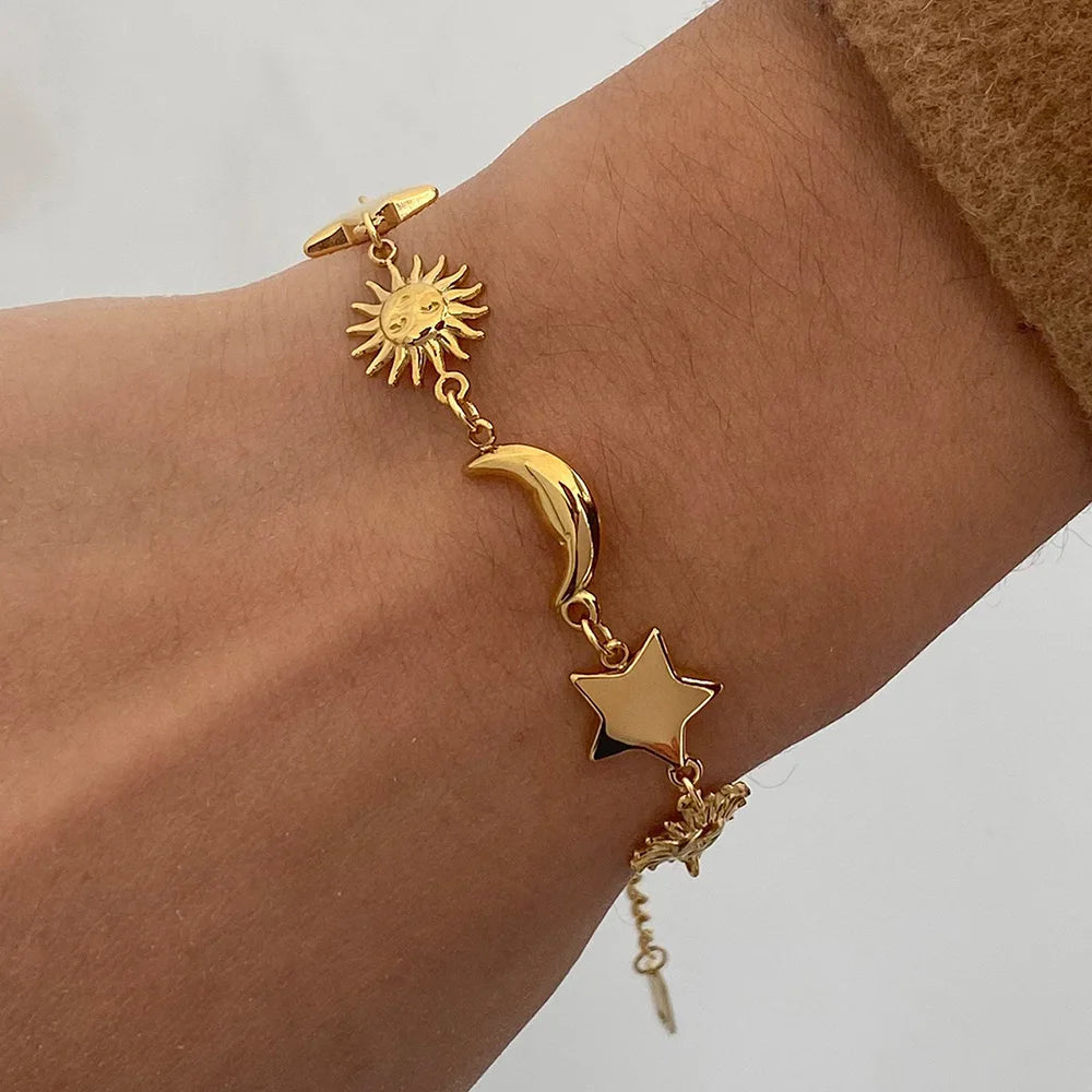 MamacitaSlay 316L Stainless Steel Sun Moon Star Bracelet Earrings Waterproof 18K Gold Plated Jewelry Creative Accessories Gift