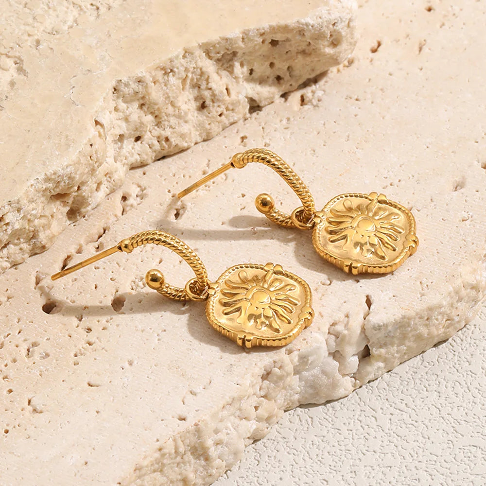 MamacitaSlay 316L Stainless Steel Vintage Sun Medallion Earrings 18K Gold Plated Waterproof Jewelry For Women Trendy Earrings