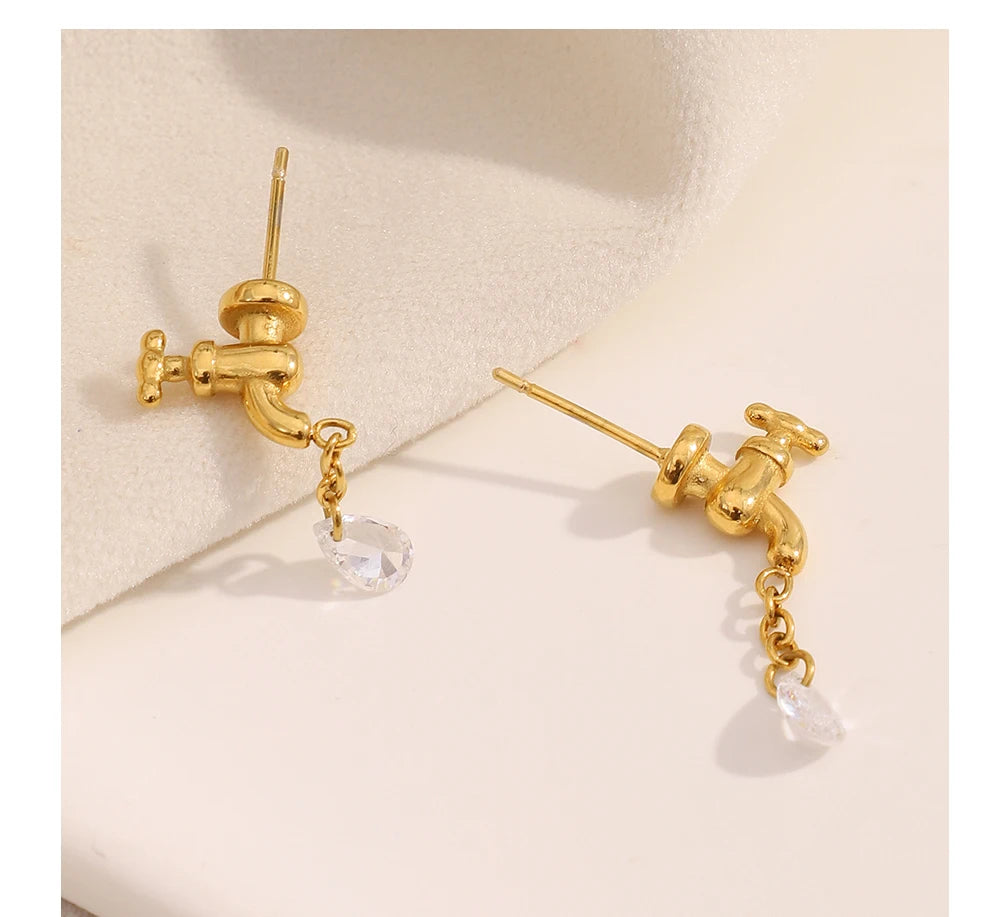 MamacitaSlay 316L Stainless Steel Unique Faucet Water Drop Zircon Earrings 18K Gold Plated Creative Waterproof Jewelry For Women