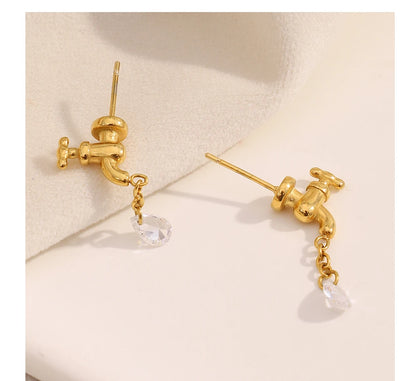 MamacitaSlay 316L Stainless Steel Unique Faucet Water Drop Zircon Earrings 18K Gold Plated Creative Waterproof Jewelry For Women