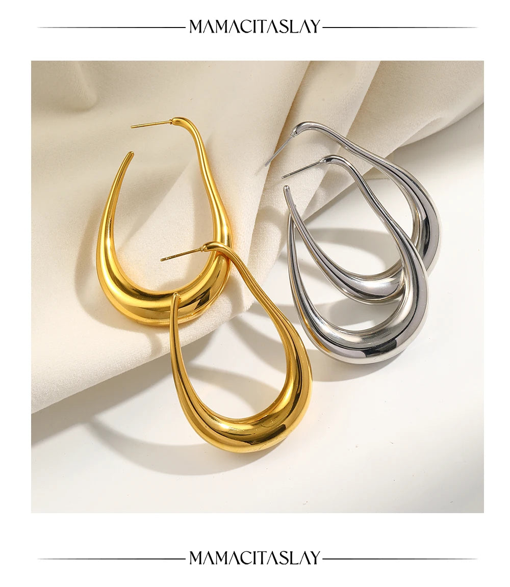 MamacitaSlay Unique Exaggerated 18K Gold Plated Stainless Steel Pear Shape Hollow Hoop Earrings Party Women's Waterproof Jewelry