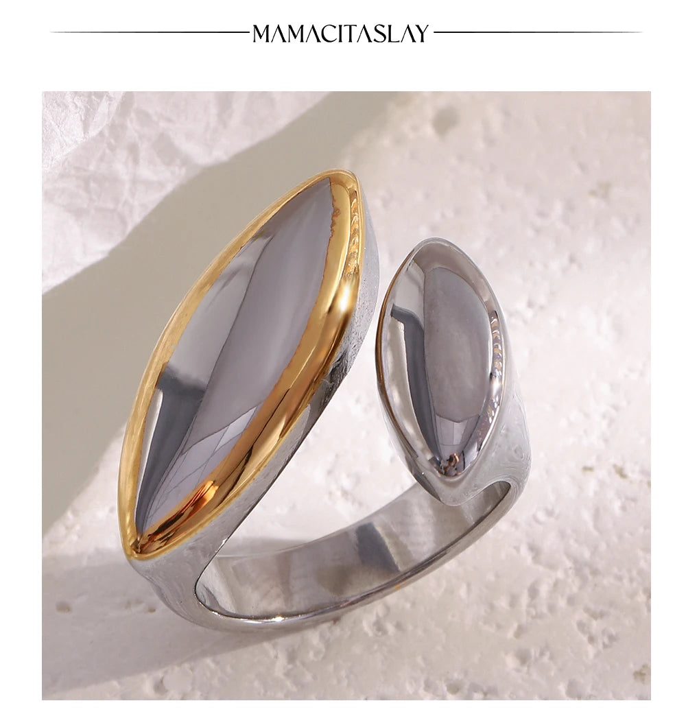 MamacitaSlay 316L Stainless Steel Two Tone Asymmetric Oval Opening Ring Party Waterproof Jewelry Women's Unique Cool Ring Gift