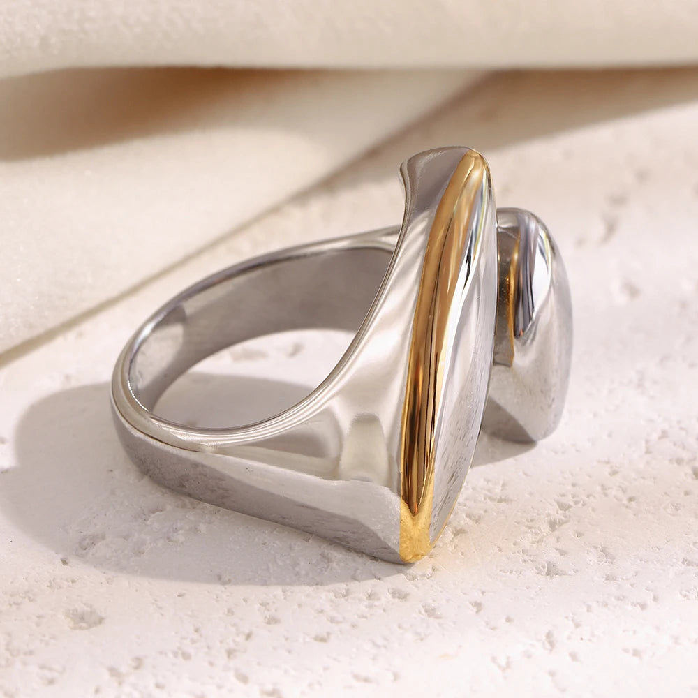 MamacitaSlay 316L Stainless Steel Two Tone Asymmetric Oval Opening Ring Party Waterproof Jewelry Women's Unique Cool Ring Gift