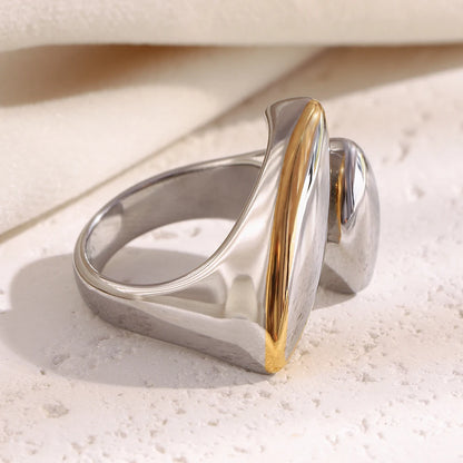 MamacitaSlay 316L Stainless Steel Two Tone Asymmetric Oval Opening Ring Party Waterproof Jewelry Women's Unique Cool Ring Gift