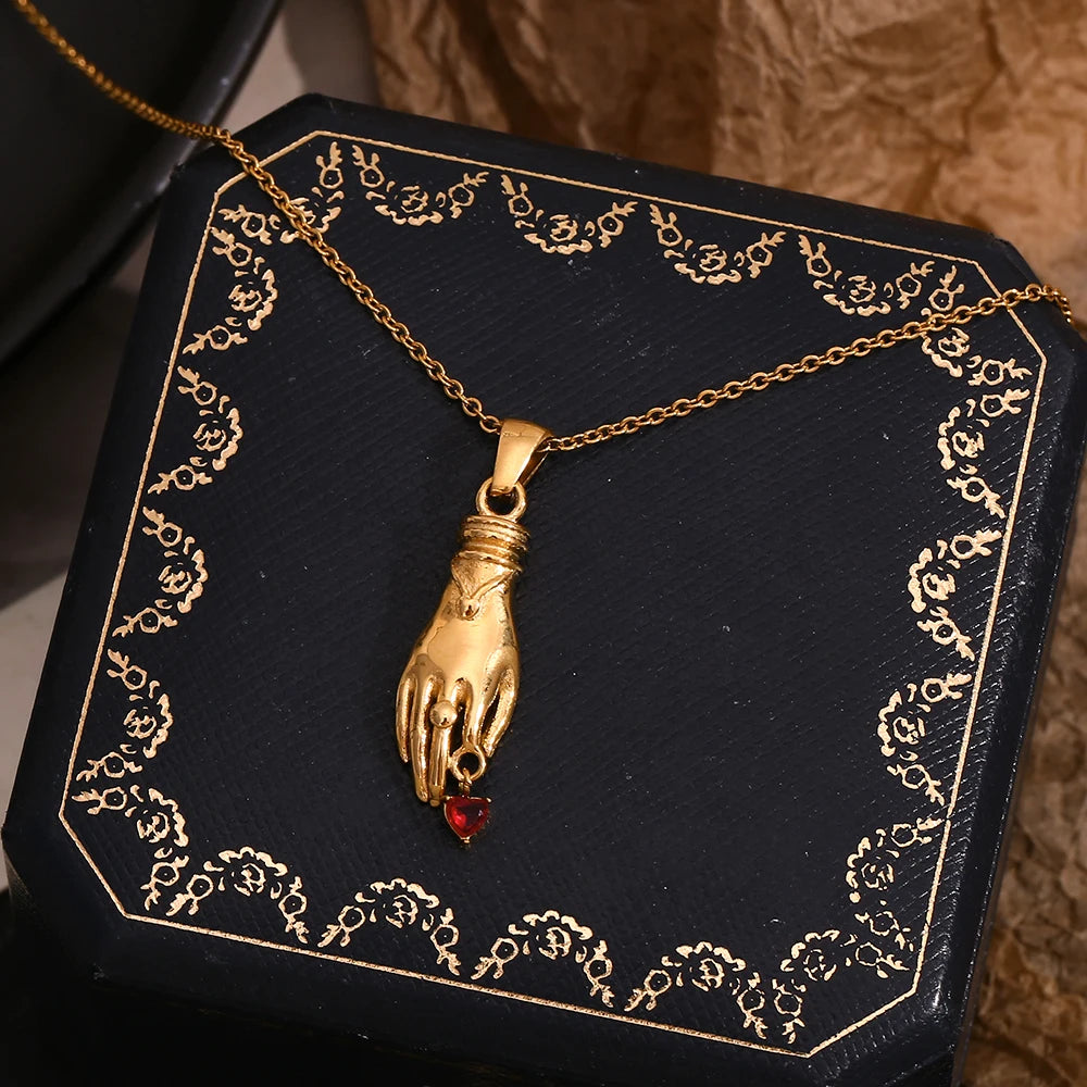 MamacitaSlay 316L Stainless Steel Red Heart Hand Pendant Necklace 18K Gold Plated Waterproof Jewelry For Women Vintage Style