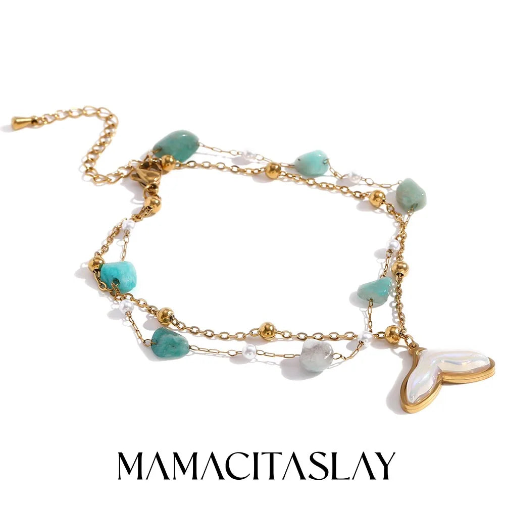 MamacitaSlay 18K Gold Plated Stainless Steel Natural Stone Double Layer Fishtail Anklet Chain Beach Party Waterproof Jewelry