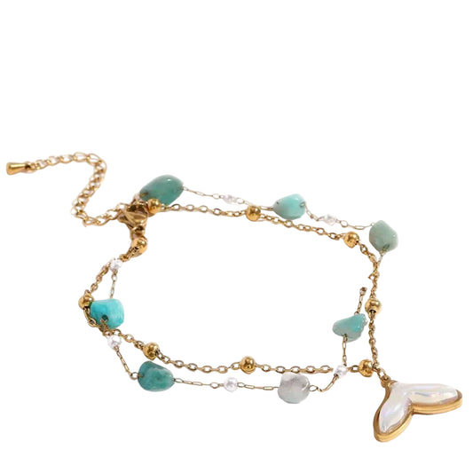 Inner Ziva Ocea™ 316L Stainless Steel Waterproof Amazonite Double Layer Anklet | 18K Gold PVD Plated Hypoallergenic Beach Jewelry for Women