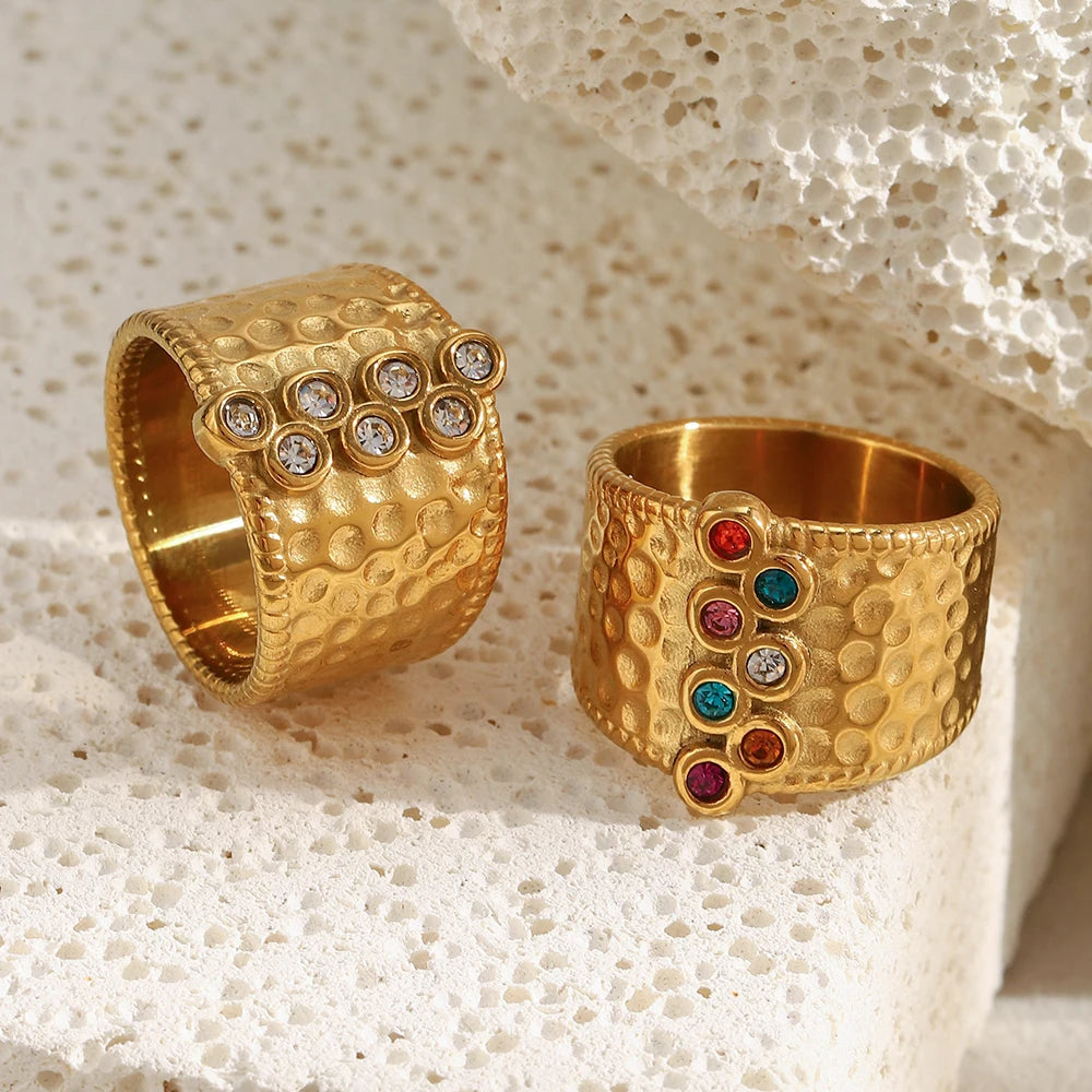 MamacitaSlay 316L Stainless Steel Multi Colored Zircon Hammer Patterned Wide Ring Party Waterproof Jewelry Women's Charm Ring