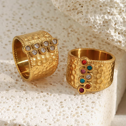 MamacitaSlay 316L Stainless Steel Multi Colored Zircon Hammer Patterned Wide Ring Party Waterproof Jewelry Women's Charm Ring