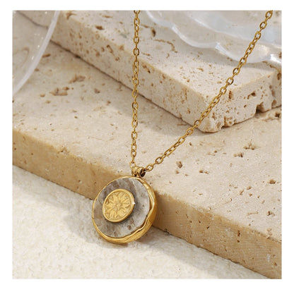 MamacitaSlay 316L Stainless Steel Marble Round Sun Necklace 18K Gold Plated Waterproof Jewelry Women's Minimalist Retro Necklace