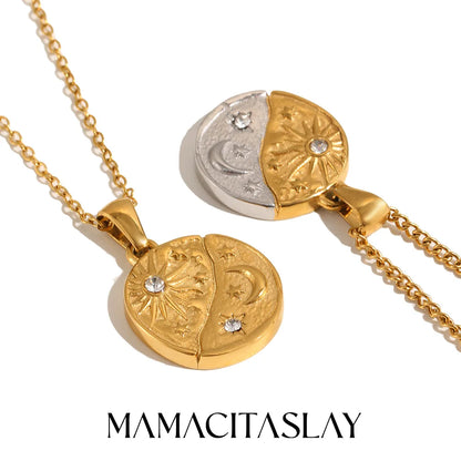 MamacitaSlay 316L Stainless Steel Zircon Celestial Sun Moon Star Pendant Necklace 18K Gold Plated Waterproof Jewelry For Women