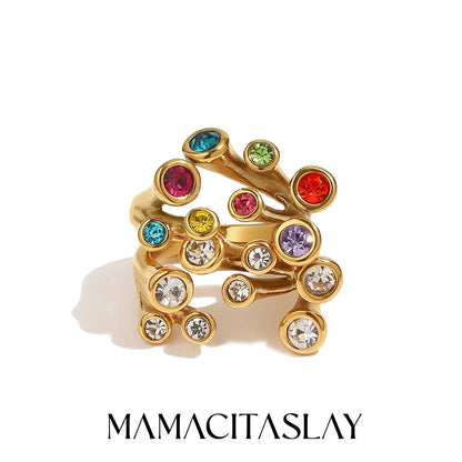 MamacitaSlay 316L Stainless Steel Multicolor CZ Branch Shape Open Ring 18K Gold Plated Waterproof Jewelry For Women Party Gift