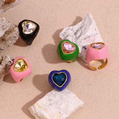 MamacitaSlay Sweet and Colorful Enamel Stainless Steel Heart Rhinestone Open Ring Party Trend Waterproof Jewelry Women's Gift