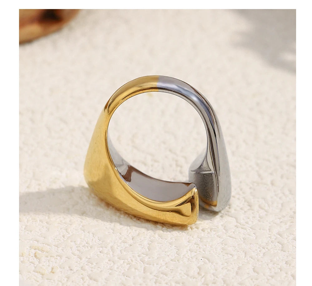 MamacitaSlay 316L Stainless Steel Two Tone Willow Asymmetrical Opening Ring Party Waterproof Jewelry Women's Unique Cool Ring
