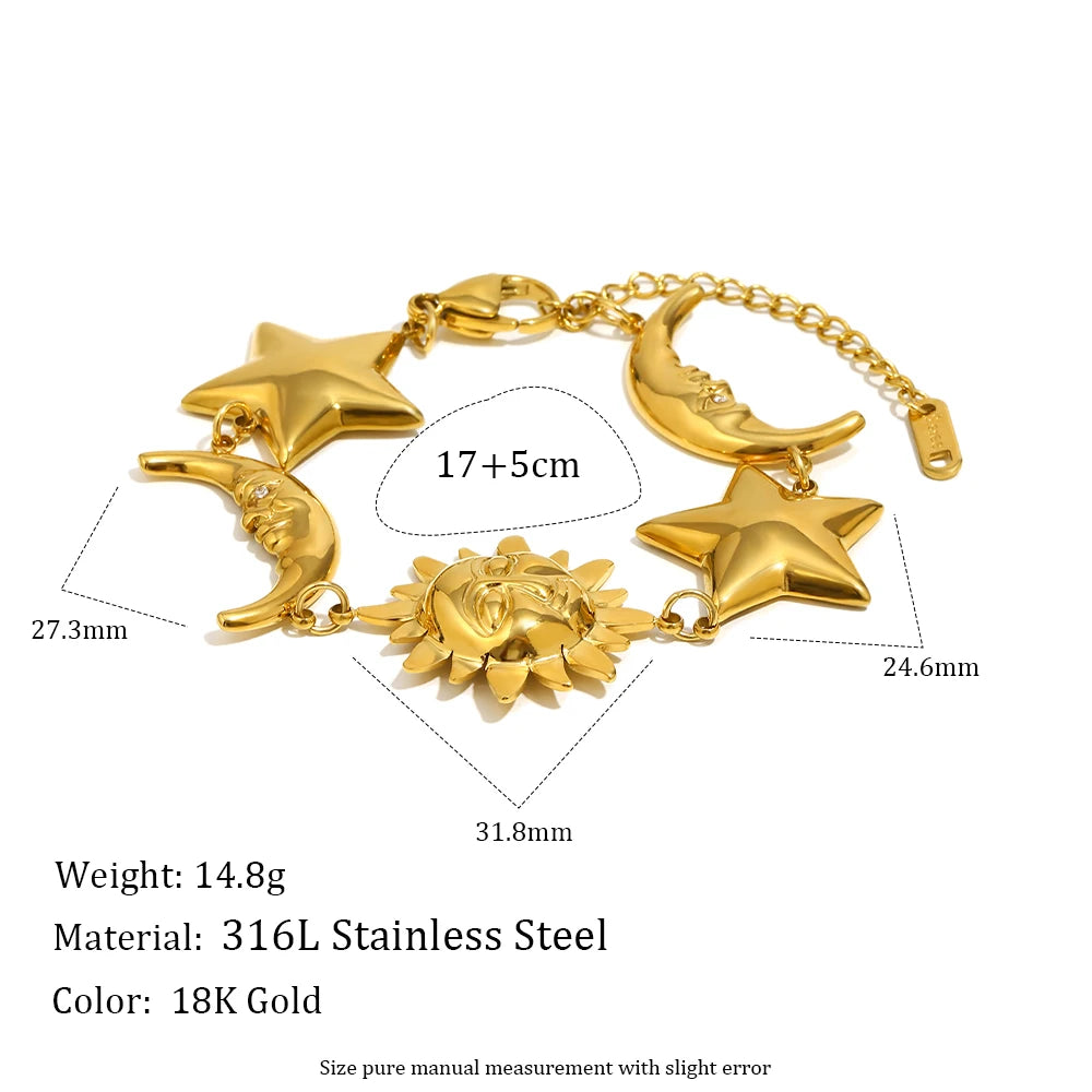 MamacitaSlay 316L Stainless Steel Sun Moon Star Bracelet Earrings Waterproof 18K Gold Plated Jewelry Creative Accessories Gift