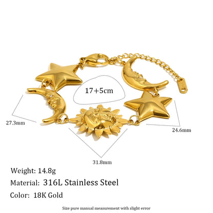 MamacitaSlay 316L Stainless Steel Sun Moon Star Bracelet Earrings Waterproof 18K Gold Plated Jewelry Creative Accessories Gift