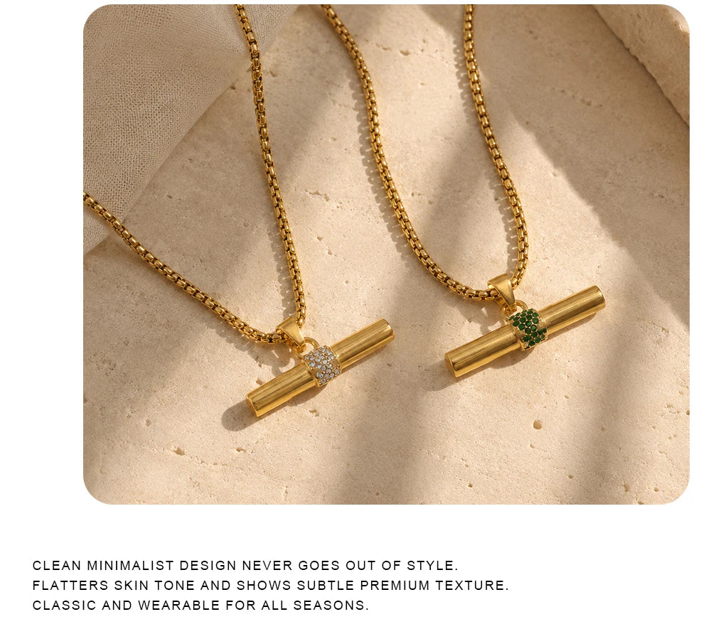 Inner Ziva Bohemian 316L Stainless Steel CZ Pendant T Bar Necklace 18K Gold Plated Waterproof Minimalist Jewelry For Women Men