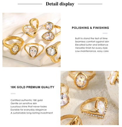 MamacitaSlay 316L Stainless Steel CZ Solitaire Stackable Ring 18K Gold Plated Waterproof Jewelry For Women Elegant Daily Wear