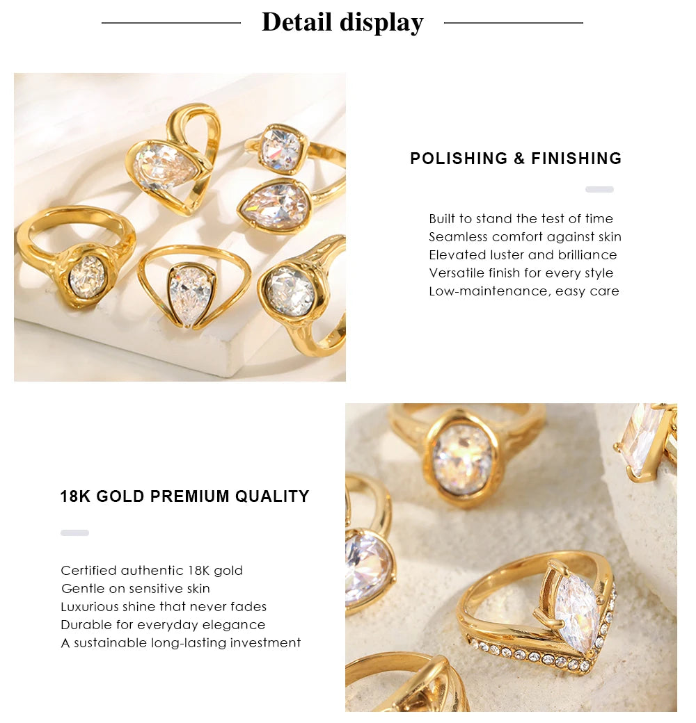 MamacitaSlay 316L Stainless Steel Oval Zircon Natural Stone Stacked Ring 18K Gold Plated Waterproof Vintage Jewelry For Women