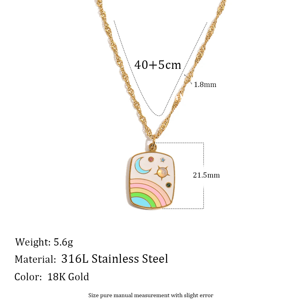 MamacitaSlay 316L Stainless Steel Rainbow Moon Star Enamel Necklace 18K Gold Plated Waterproof Jewelry For Women Everyday Wear