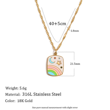 MamacitaSlay 316L Stainless Steel Rainbow Moon Star Enamel Necklace 18K Gold Plated Waterproof Jewelry For Women Everyday Wear