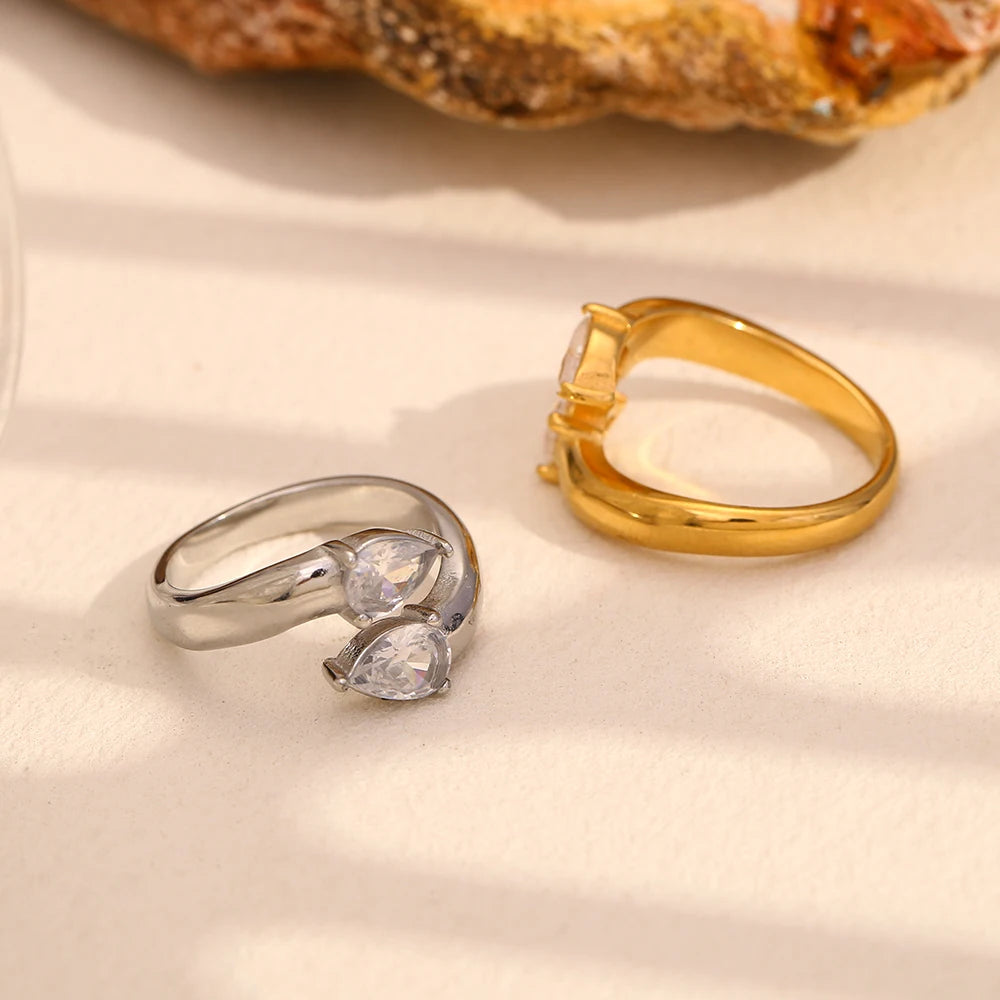 MamacitaSlay 316L Stainless Steel Double Zircon Serpentine Opening Ring Waterproof 18K Gold Plated Jewelry Women's Elegant Gift